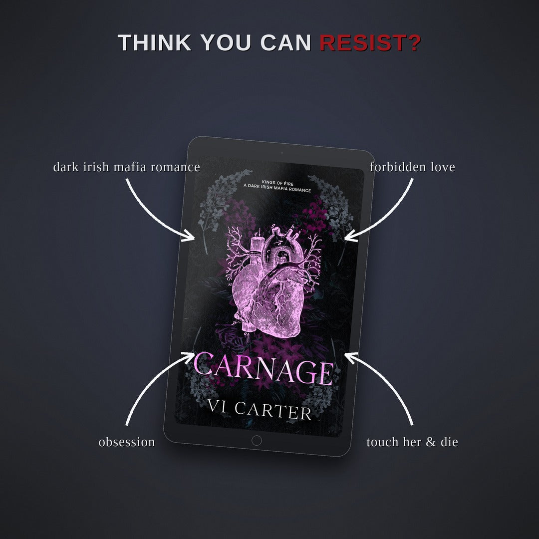 Ebook cover of 'Carnage' by VI Carter on a tablet with promotional text on a dark background