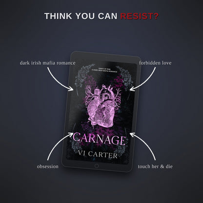Ebook cover of 'Carnage' by VI Carter on a tablet with promotional text on a dark background