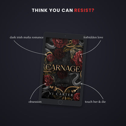 Ebook cover of 'Carnage' by Vi Carter on a tablet with promotional text on a dark background