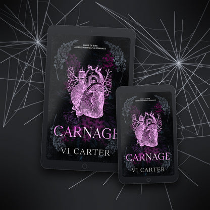 Two tablets displaying the cover of 'Carnage' by Vi Carter against a dark background with spider web designs.
