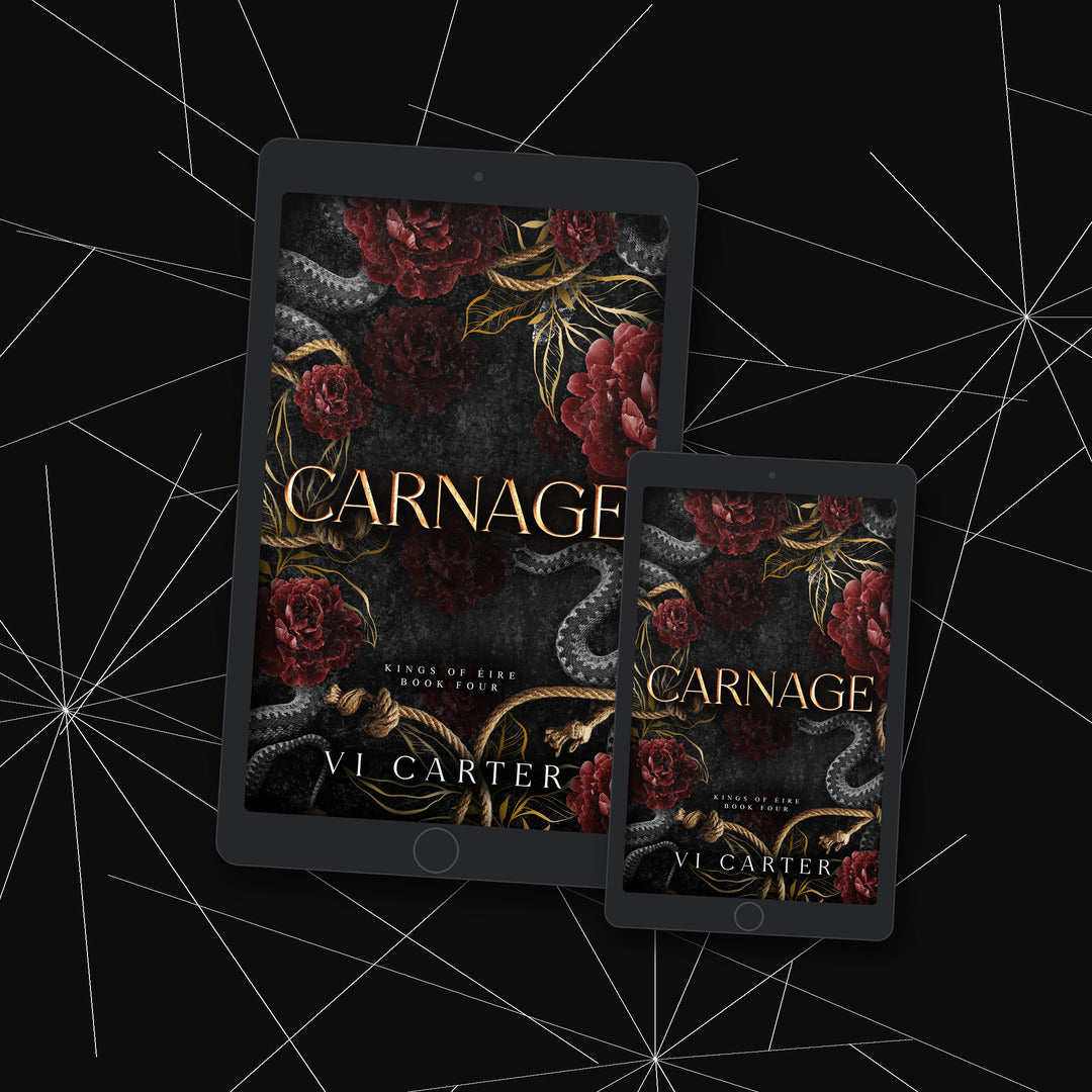 Two tablets displaying the cover of 'Carnage' by Vi Carter against a dark background with spider web designs.