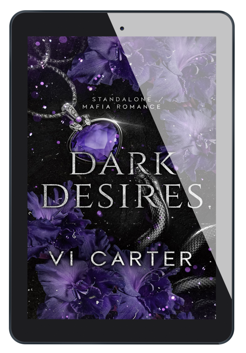 A book cover of 'DARK DESIRES' by Vi Carter featuring a dark and romantic design with purple flowers and a mafia theme.