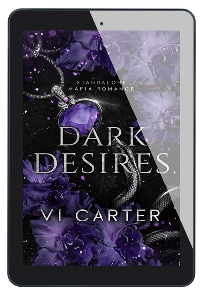 A book cover of 'DARK DESIRES' by Vi Carter featuring a dark and romantic design with purple flowers and a mafia theme.