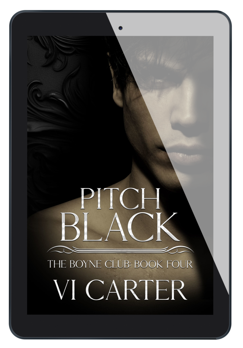 This image features the cover of the book "Pitch Black" from the Boyne Club series, authored by Vi Carter. The cover design is striking with its dark, moody aesthetic, showcasing a partial silhouette of a woman's face in black and white.