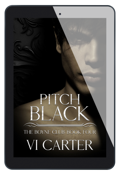 This image features the cover of the book "Pitch Black" from the Boyne Club series, authored by Vi Carter. The cover design is striking with its dark, moody aesthetic, showcasing a partial silhouette of a woman's face in black and white.