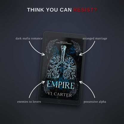Ebook cover of 'Empire' by VI Carter on a dark background with text describing themes.