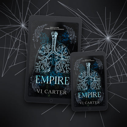 Two tablets displaying the book cover of 'Empire' by Vi Carter on a dark background with geometric patterns.