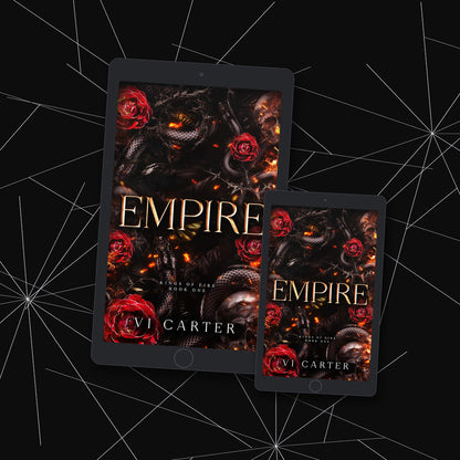 Two tablets displaying the book cover of 'Empire' by Vi Carter on a dark background with geometric patterns.