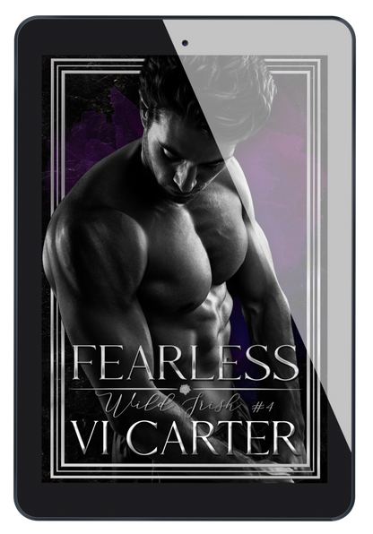 E-book cover of a romance novel titled 'FEARLESS' with the author's name, Vi Carter, displayed. The cover features a monochrome image of a man with a serious expression.