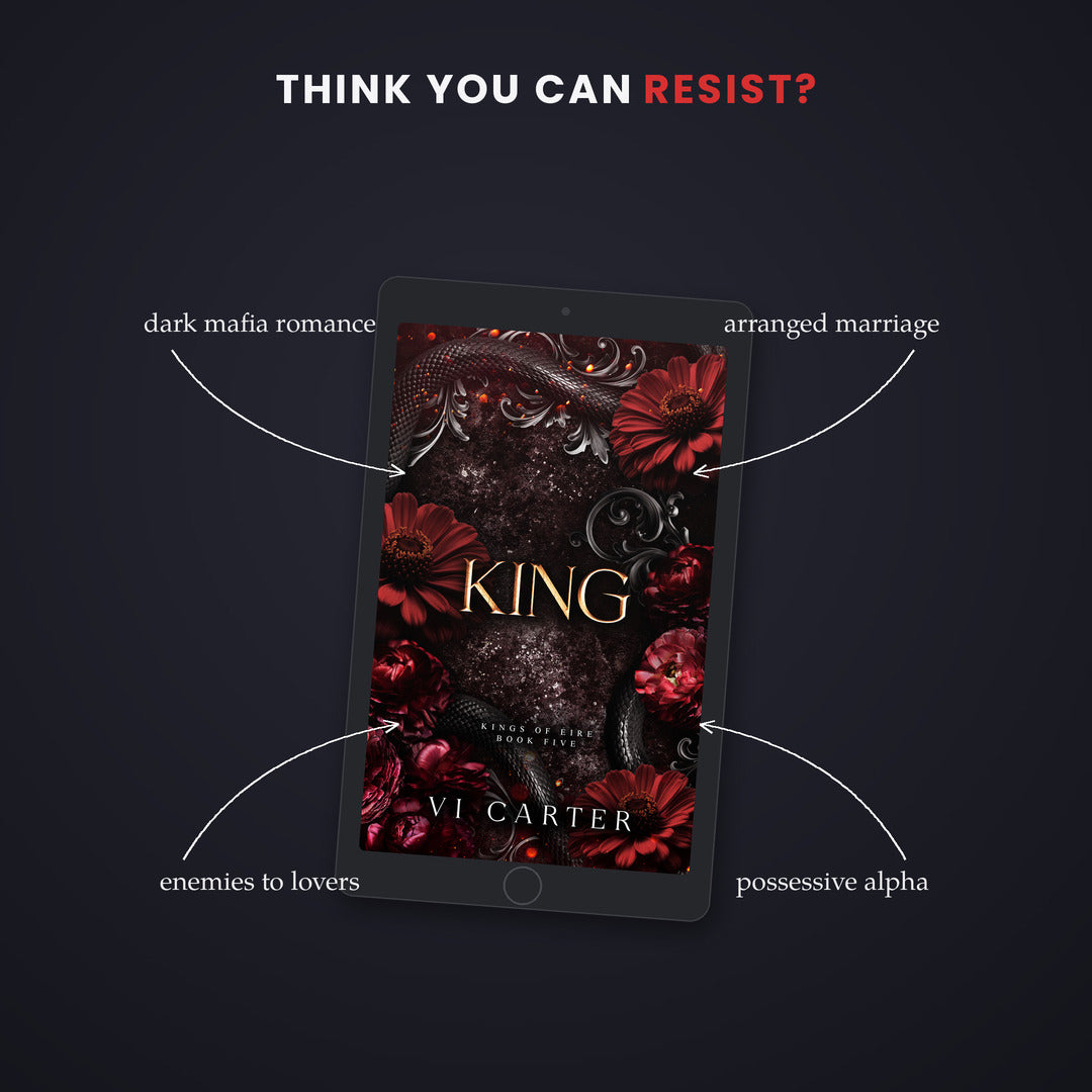 Ebook cover of 'King' by Vi Carter on a dark background with text describing themes.
