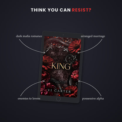 Ebook cover of 'King' by Vi Carter on a dark background with text describing themes.
