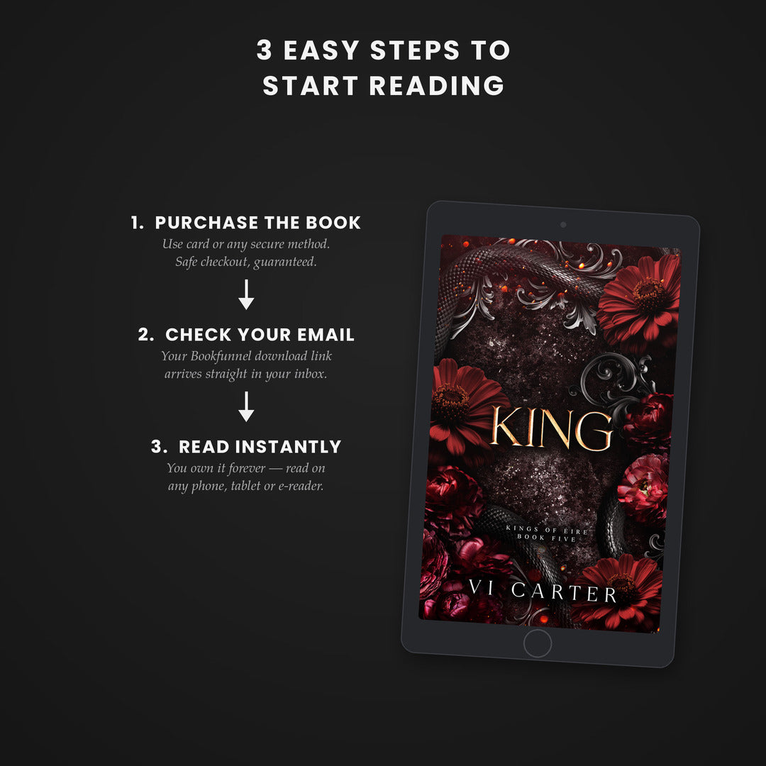 Digital book cover of 'King' by Vi Carter on a tablet with text on how to start reading.