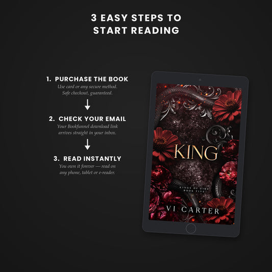 Digital book cover of 'King' by Vi Carter on a tablet with text on how to start reading.