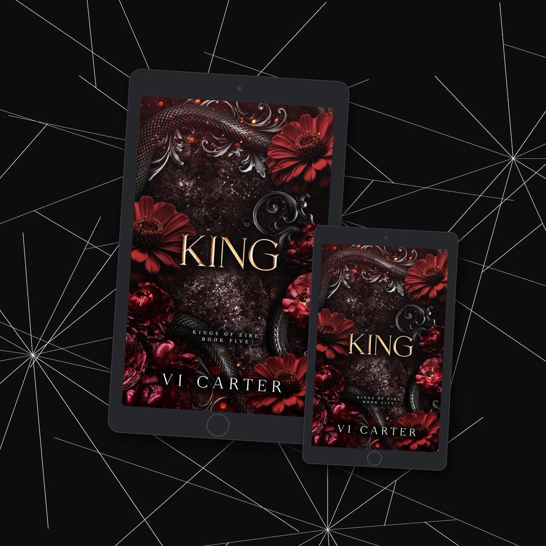 Two tablets displaying the book cover of 'King' by Vi Carter on a dark background with geometric patterns.