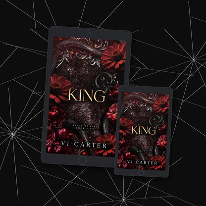 Two tablets displaying the book cover of 'King' by Vi Carter on a dark background with geometric patterns.
