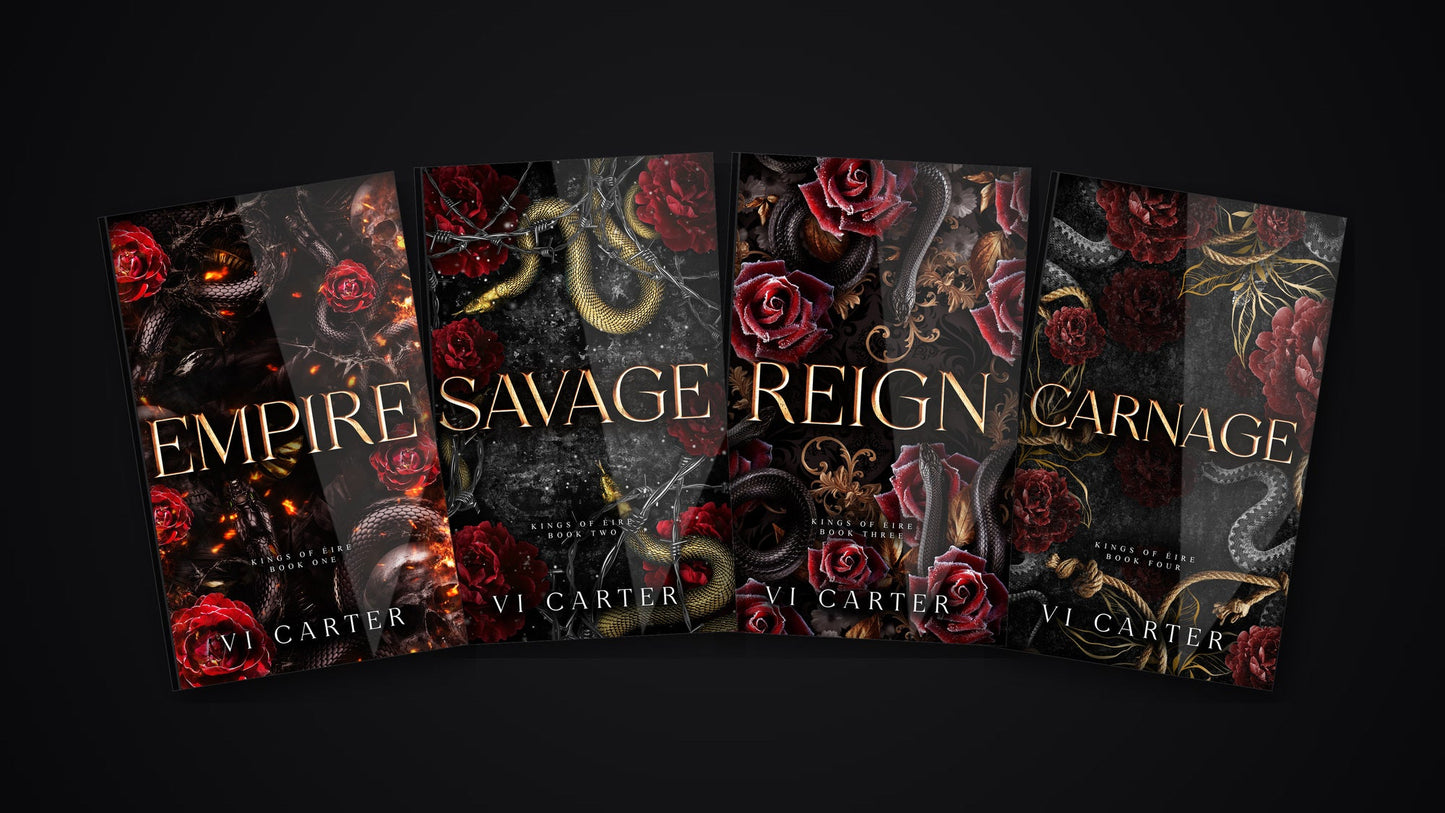 Kings of Eire bundle by Vi Carter — Empire, Savage, Reign and Carnage covers fanned out on a dark background