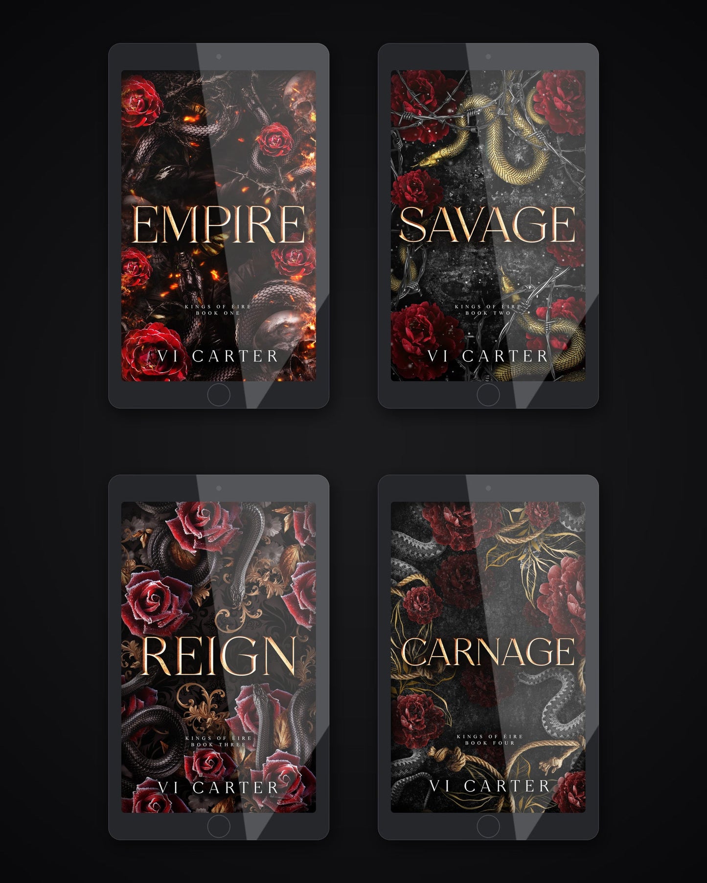 Kings of Eire bundle by Vi Carter — four ebook covers displayed on tablets in a two by two grid