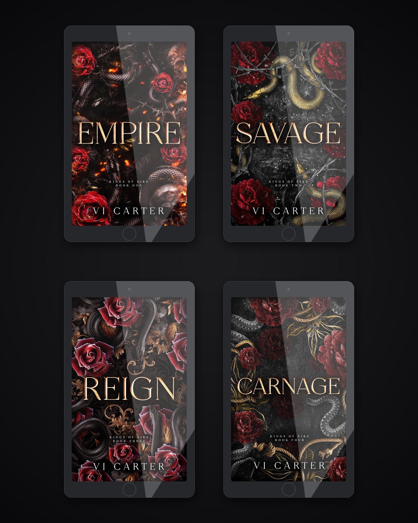Kings of Eire bundle by Vi Carter — four ebook covers displayed on tablets in a two by two grid