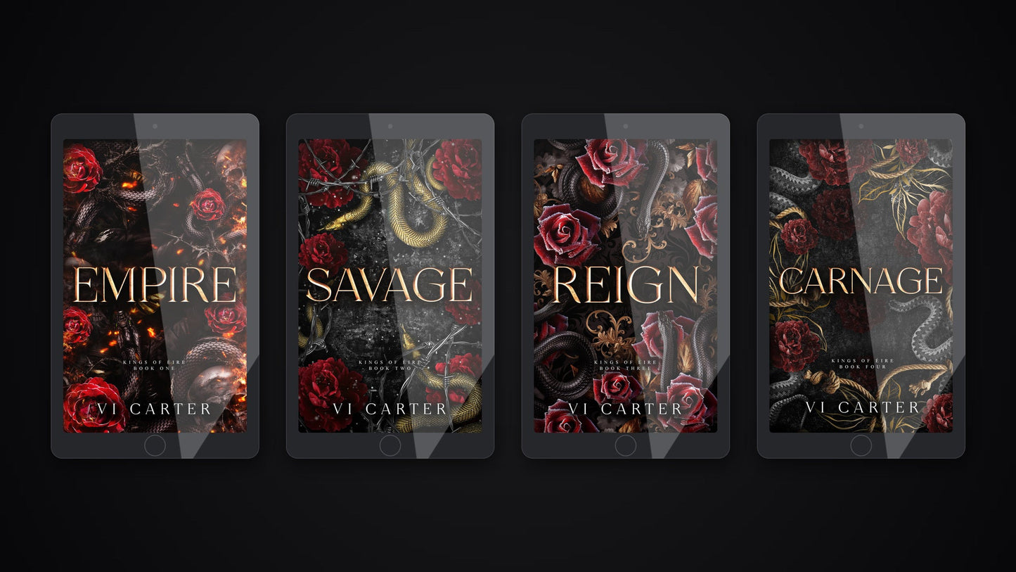 Kings of Eire bundle by Vi Carter — Empire, Savage, Reign and Carnage ebook covers displayed on four tablets