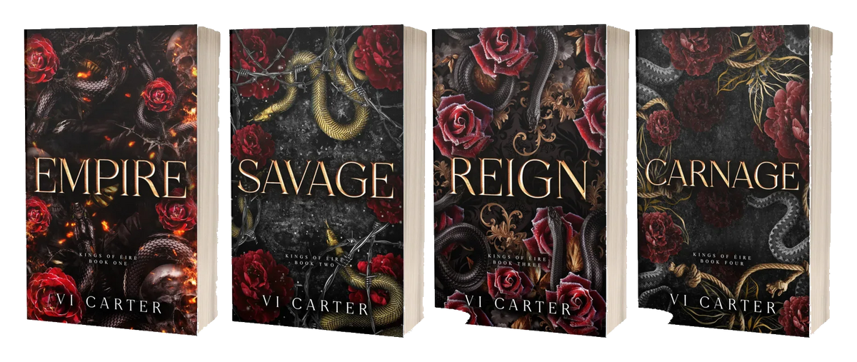 Kings of Éire paperback bundle by Vi Carter — Empire, Savage, Reign and Carnage paperbacks, cut out on a transparent background