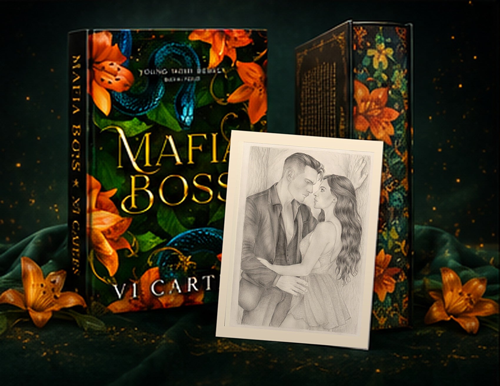 A boxed book set for 'Mafia Boss' by Vi Carti, featuring a dark green and black box with orange lilies and blue snakes, alongside the book itself and a framed grayscale sketch of a couple.