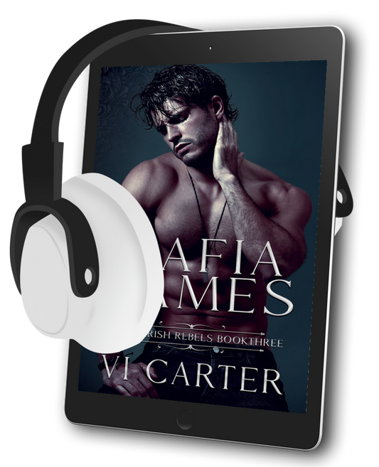 Ebook reader with audiobook cover displayed. The cover shows a man with a serious expression, and the title 'Mafia Games' by Vi Carter.