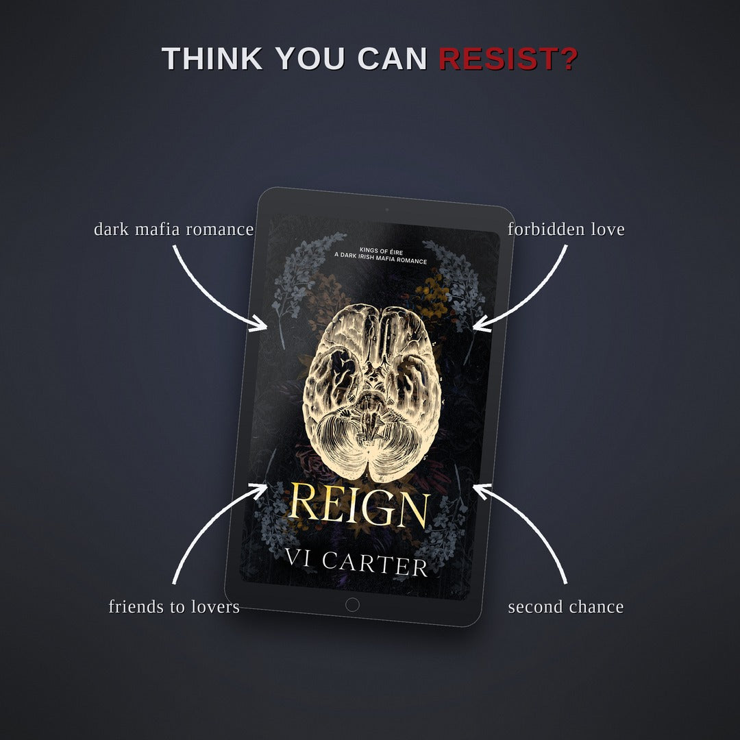 Book cover of 'Reign' by VI Carter on a tablet with promotional text on a dark background
