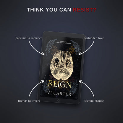 Book cover of 'Reign' by VI Carter on a tablet with promotional text on a dark background