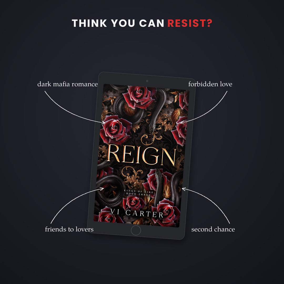 Book cover of 'Reign' by Vi Carter on a tablet with promotional text on a dark background