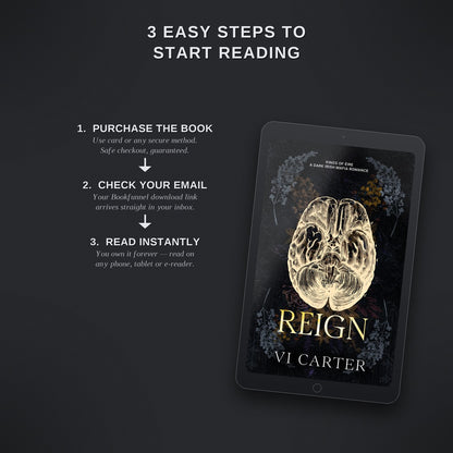 Digital book cover of 'Reign' by VI Carter on a tablet with text on how to start reading.