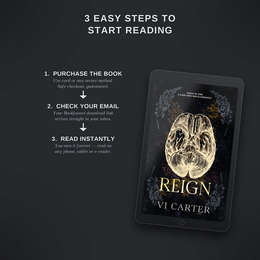Digital book cover of 'Reign' by VI Carter on a tablet with text on how to start reading.
