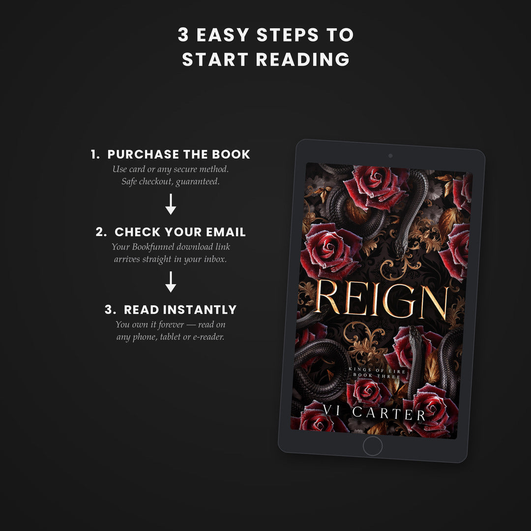 Digital book cover of 'Reign' by Vi Carter on a tablet with text on how to start reading.