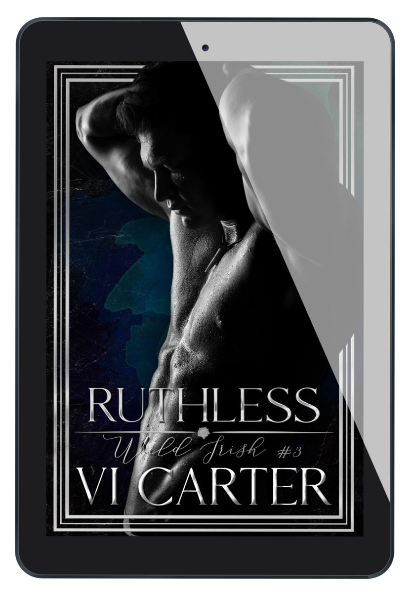 This image features the cover of the book titled "Ruthless #3" by Vi Carter. The cover design is striking, showcasing a dark, moody portrait of a male figure with a blurred, intense expression.
