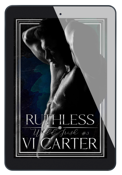 This image features the cover of the book titled "Ruthless #3" by Vi Carter. The cover design is striking, showcasing a dark, moody portrait of a male figure with a blurred, intense expression.