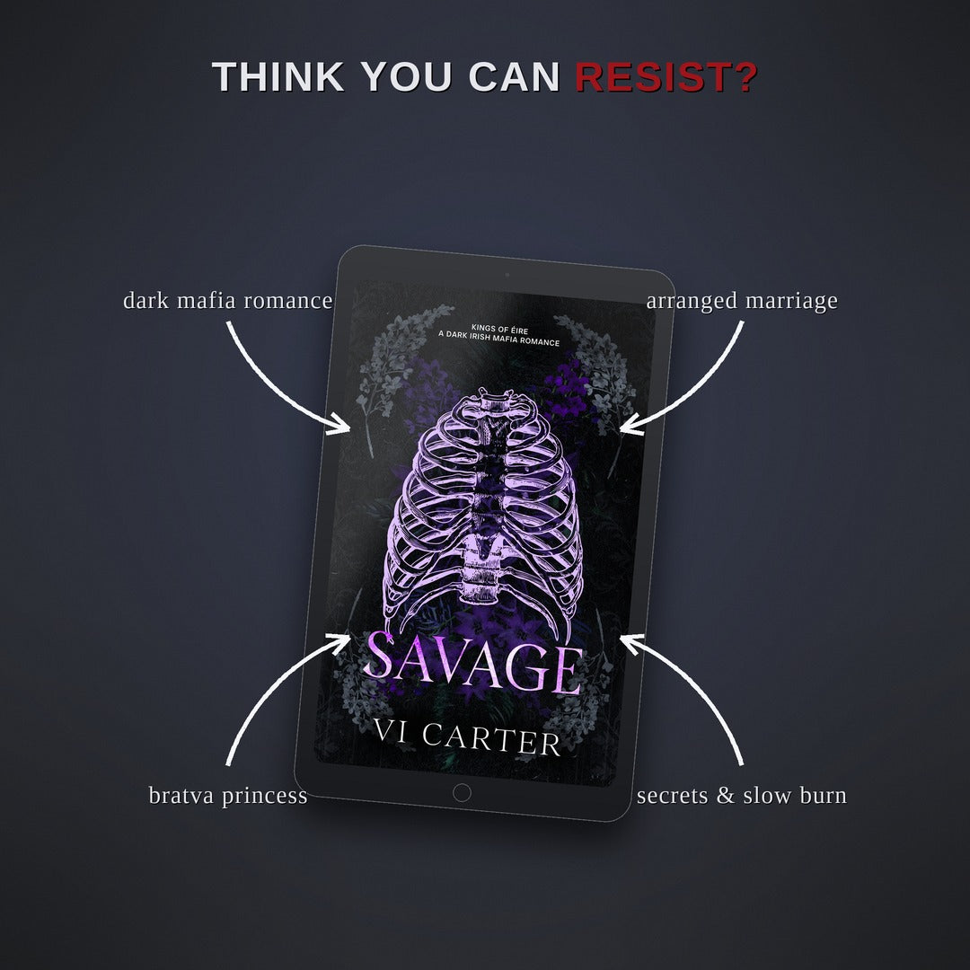 Book cover of 'Savage' by VI Carter on a tablet with promotional text on a dark background