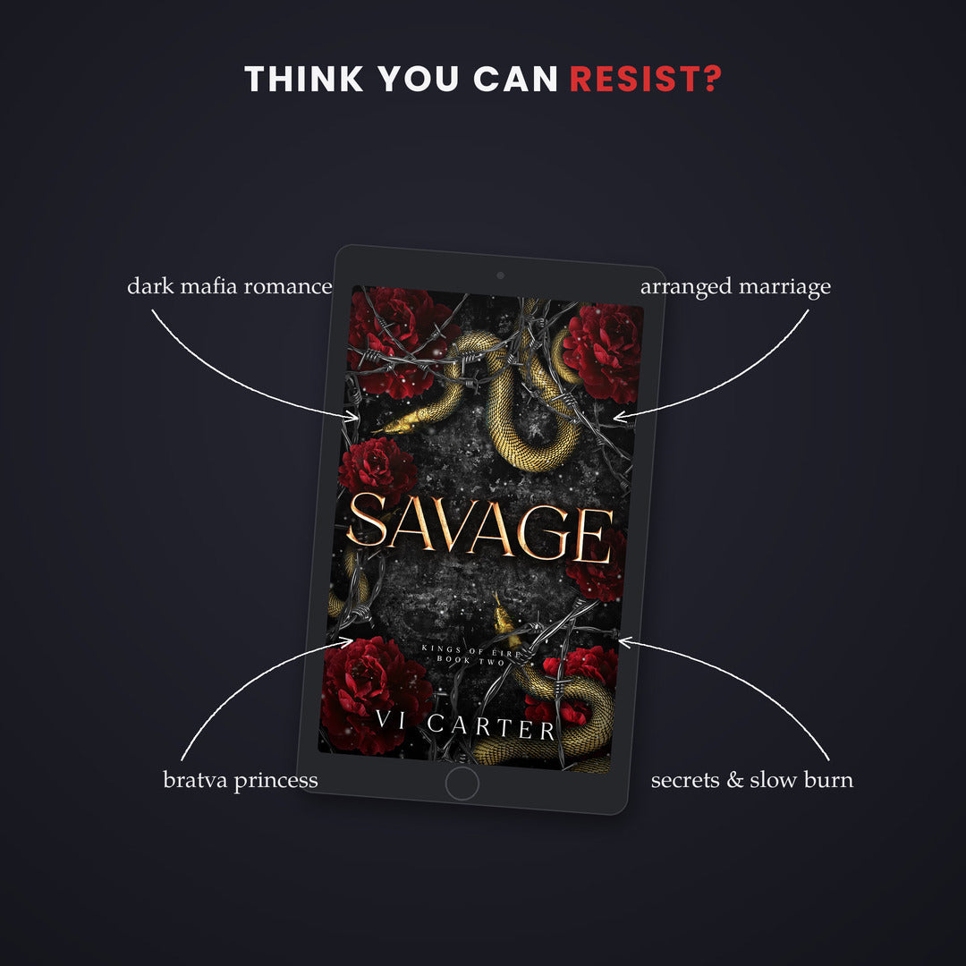 Book cover of 'Savage' by Vi Carter on a tablet with promotional text on a dark background
