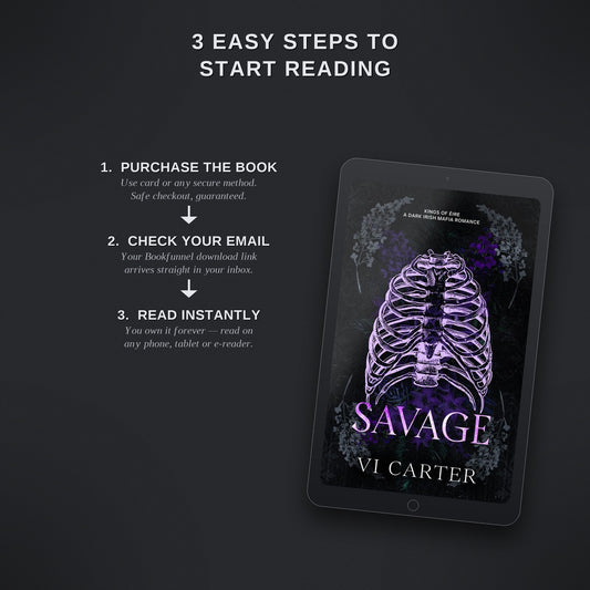 Promotional graphic for 'Savage' by Vi Carter with steps to start reading on a dark background.