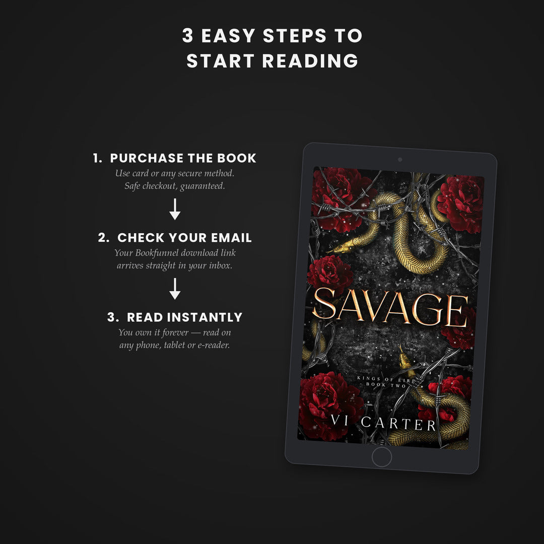 Promotional graphic for 'Savage' by Vi Carter with steps to start reading on a dark background.