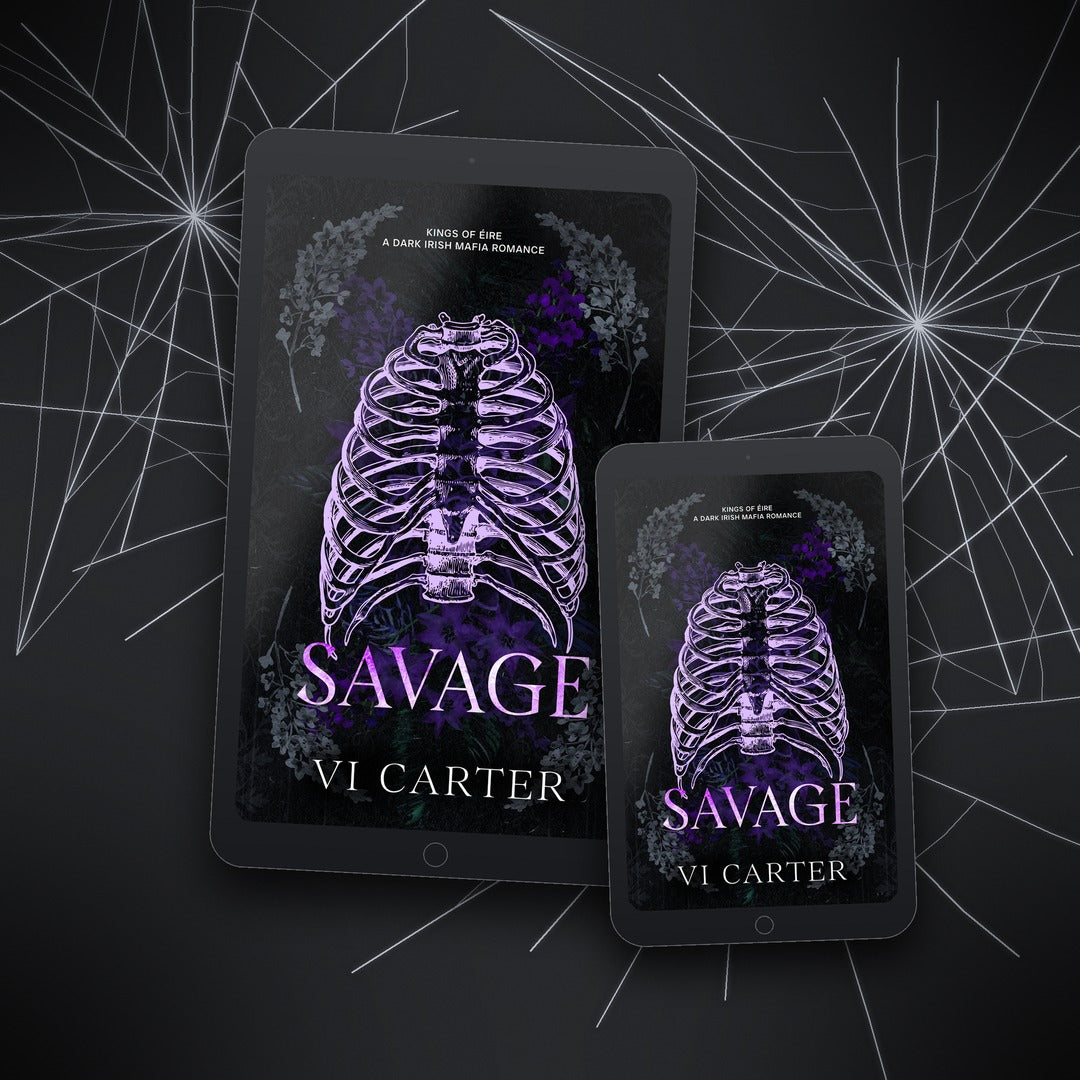 Two devices displaying the book cover of 'Savage' by Vi Carter on a dark background with spider webs.