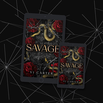 Two devices displaying the book cover of 'Savage' by Vi Carter on a dark background with spider webs.
