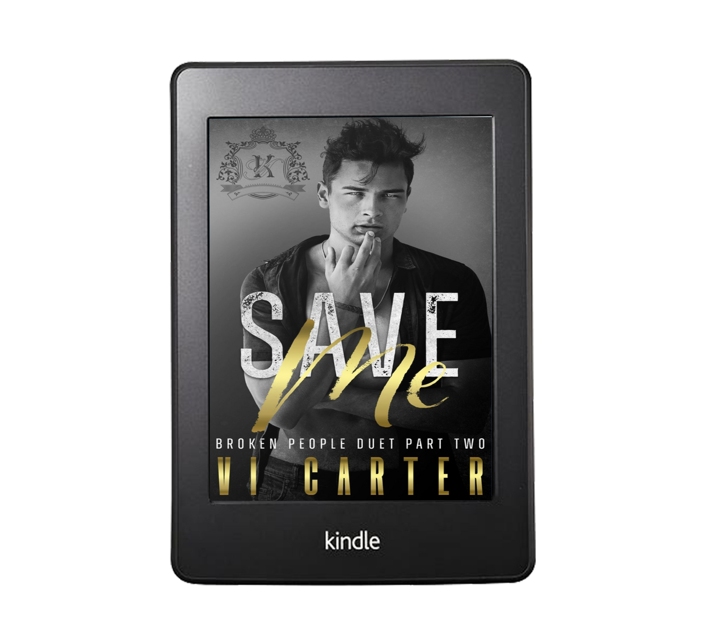 This image features the digital cover of the second book in the "Broken People Duet" series, titled "Save Me #2" by Vi Carter. The cover displays a monochrome photograph of a young man with a contemplative expression, overlayed with the title "Save Me" in an elegant, golden font.