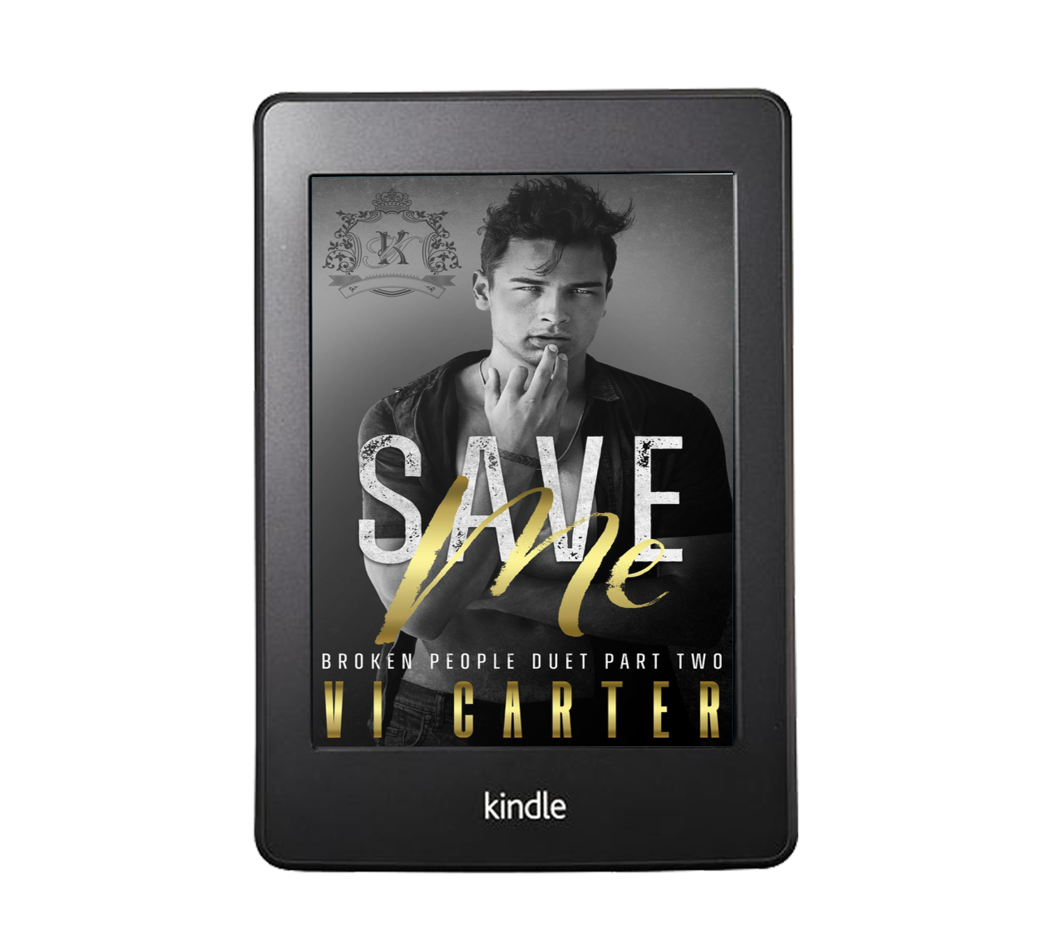 This image features the digital cover of the second book in the "Broken People Duet" series, titled "Save Me #2" by Vi Carter. The cover displays a monochrome photograph of a young man with a contemplative expression, overlayed with the title "Save Me" in an elegant, golden font.