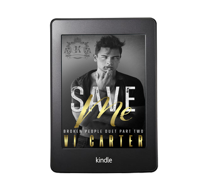 This image features the digital cover of the second book in the "Broken People Duet" series, titled "Save Me #2" by Vi Carter. The cover displays a monochrome photograph of a young man with a contemplative expression, overlayed with the title "Save Me" in an elegant, golden font.