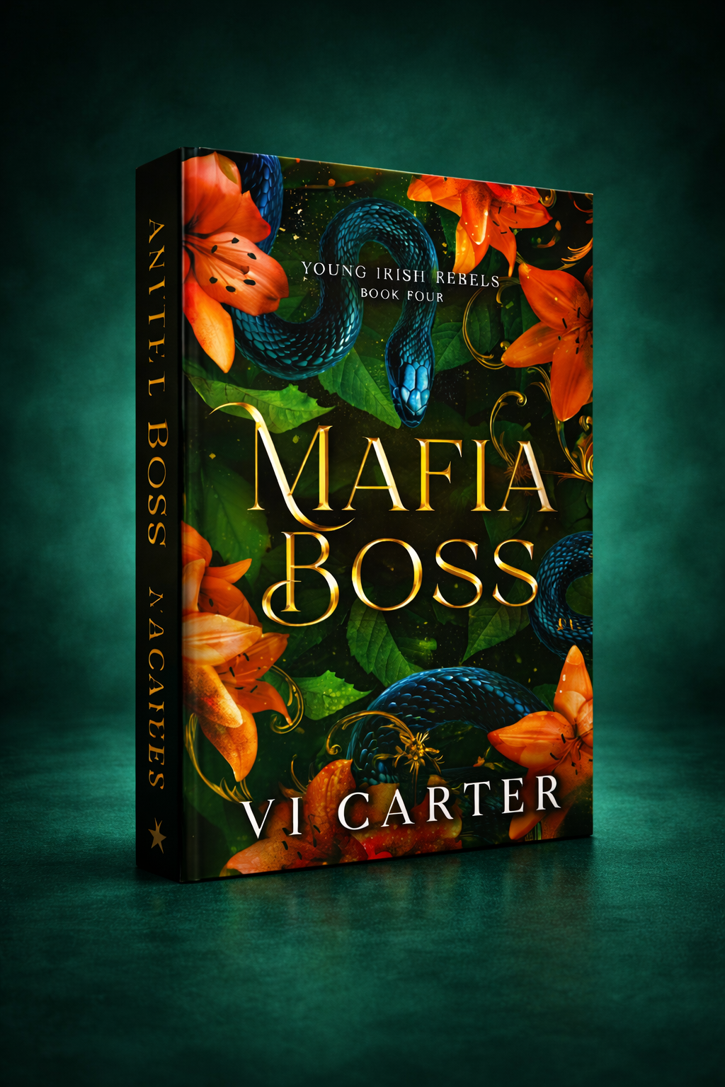 A 3D book mockup of 'Mafia Boss' by Vi Carter, featuring a dark green and black cover with orange lilies and blue snakes, set against a dark green background.
