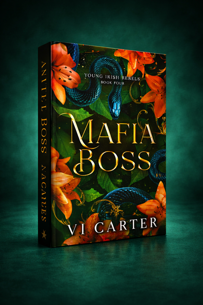 A 3D book mockup of 'Mafia Boss' by Vi Carter, featuring a dark green and black cover with orange lilies and blue snakes, set against a dark green background.