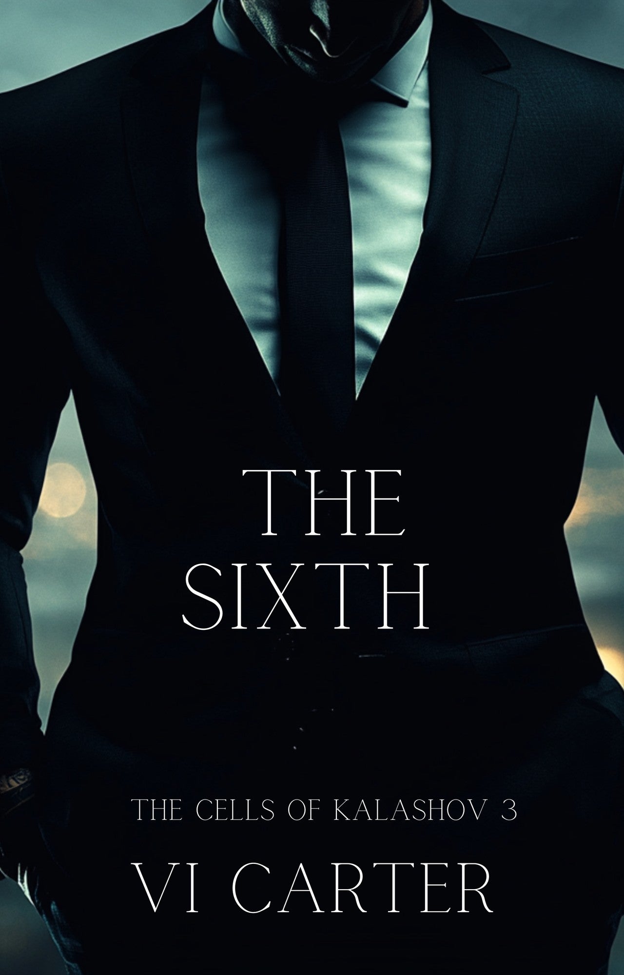 Book cover of 'The Sixth' by Vi Carter featuring a person in a black suit against a blurred background.