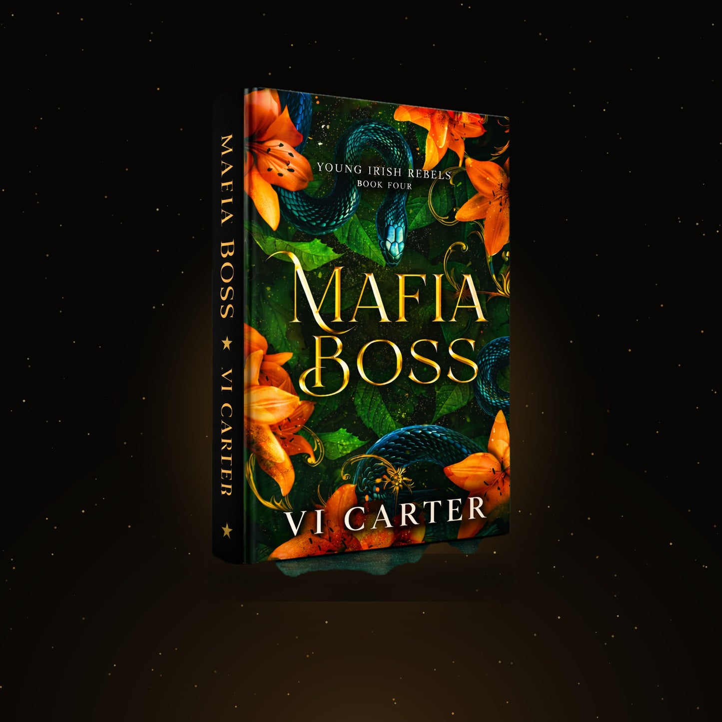 A 3D book cover mockup for 'Mafia Boss' by Vi Carter, featuring a dark green background with orange lilies, blue snakes, and gold lettering, set against a dark starry background.