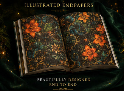 An open decorative book or journal displayed on dark green draped fabric, showing ornate illustrated endpapers with orange flowers and blue-green floral scrollwork on a black background. Text at the top reads 'ILLUSTRATED ENDPAPERS' and text at the bottom reads 'BEAUTIFULLY DESIGNED END TO END'.