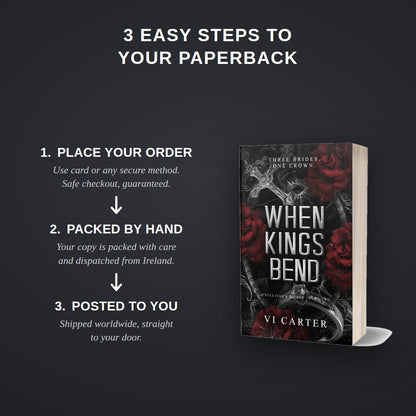 How to order the When Kings Bend paperback — three easy steps, packed by hand and posted worldwide from Ireland