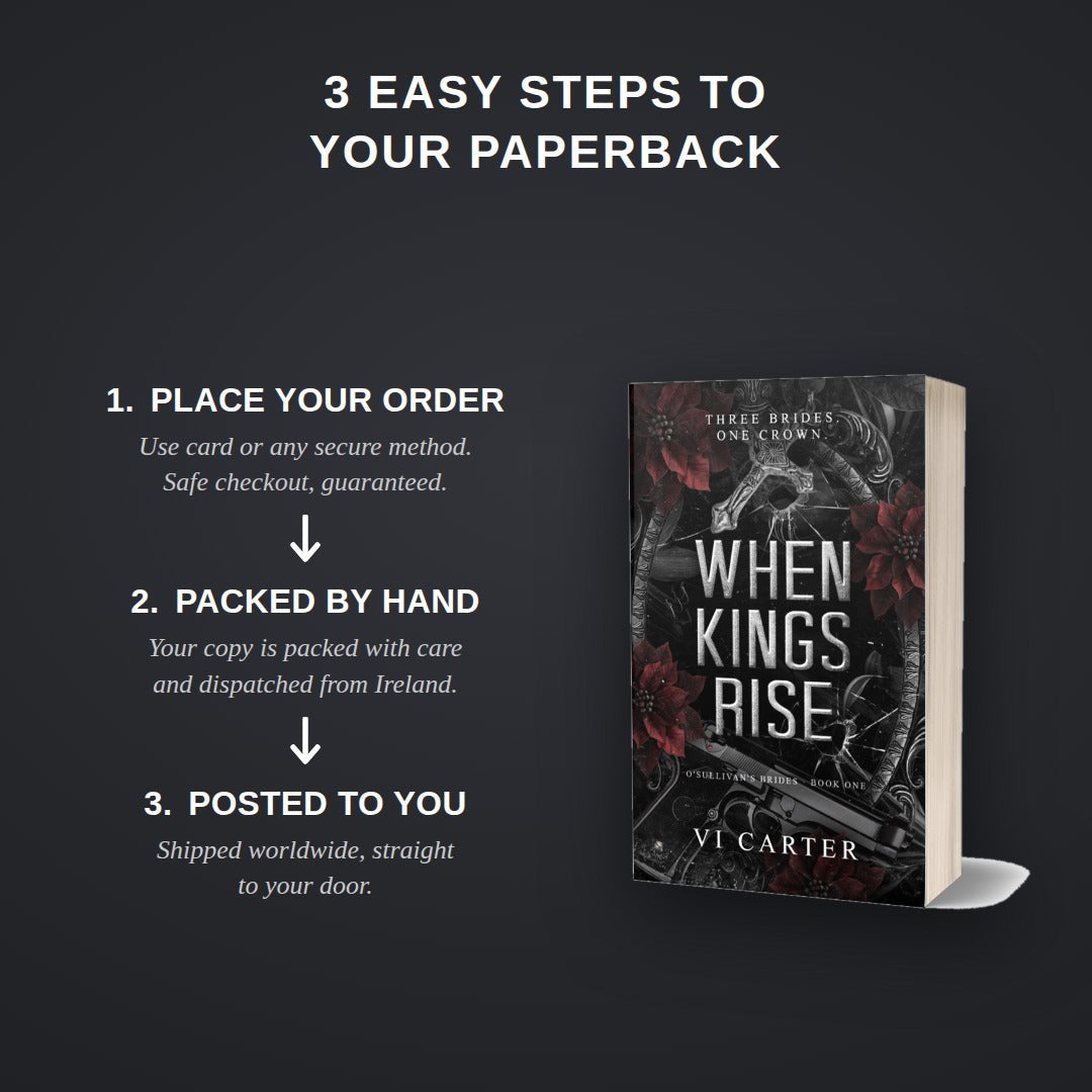 How to order the When Kings Rise paperback — three easy steps, packed by hand and posted worldwide from Ireland